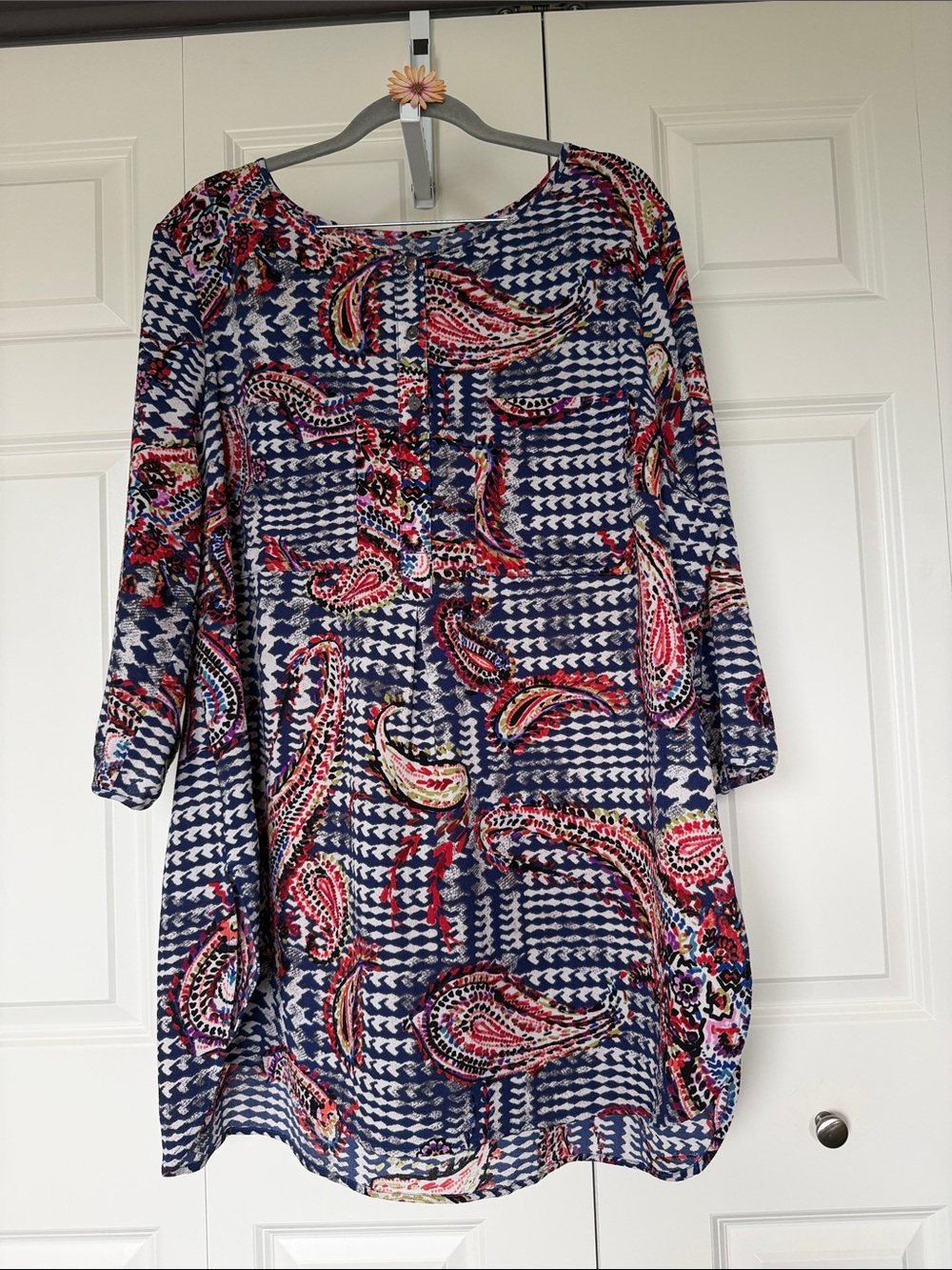Women's Navy Paisley Tunic Top with Shell Buttons - Blue Pink Pattern